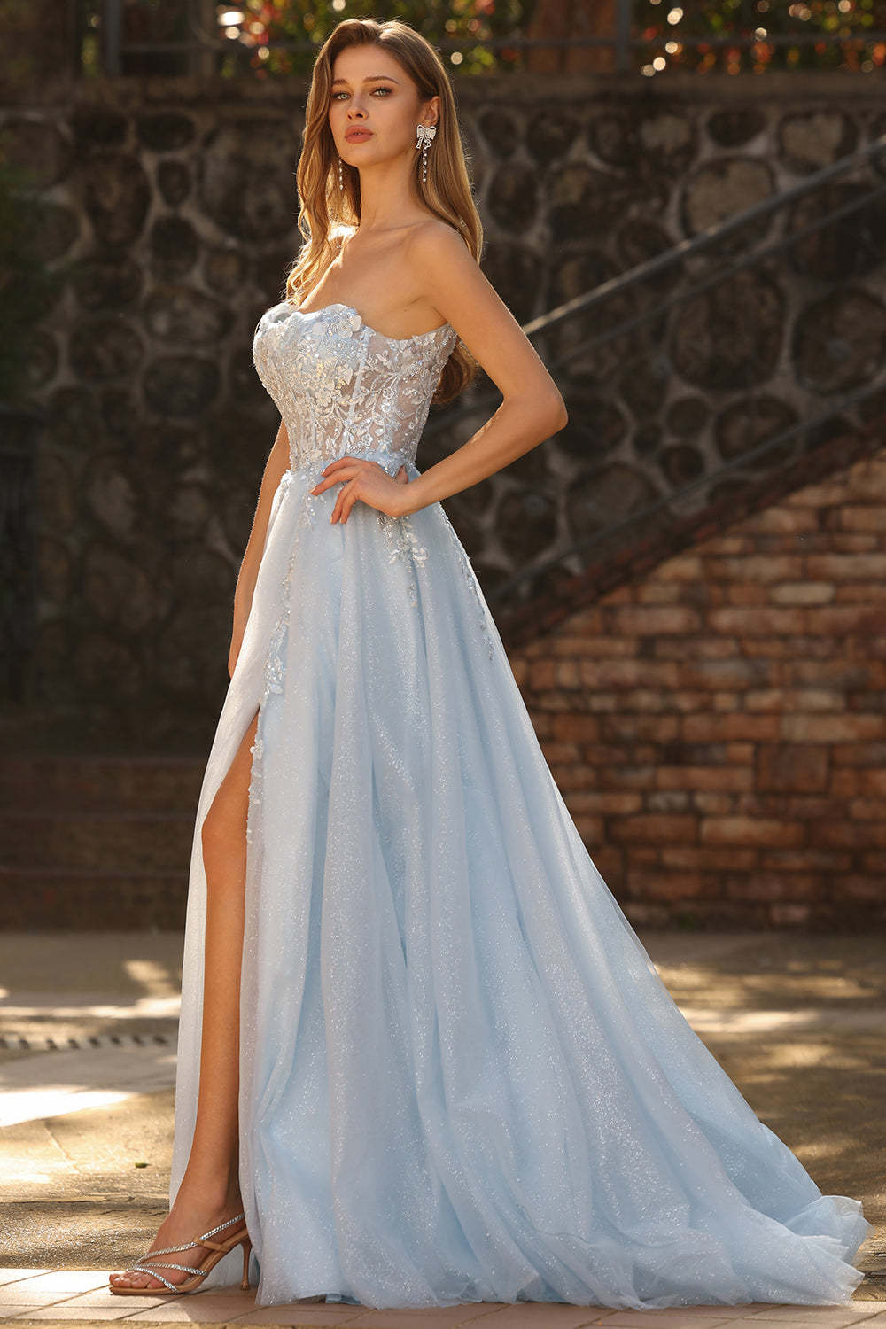 Sparkly Blue Ball Gown Maxi Floral Prom Dress with Slit