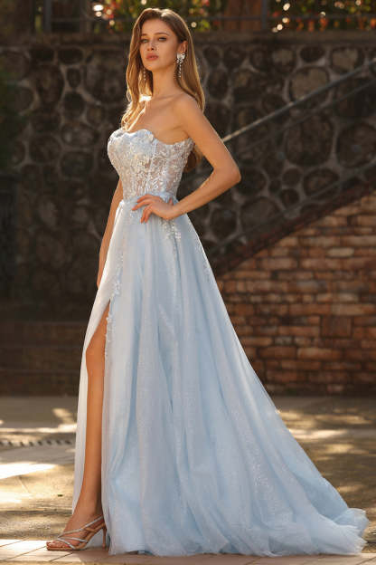 Sparkly Blue Ball Gown Maxi Floral Prom Dress with Slit