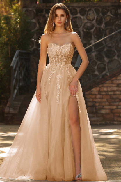 Sparkly Blue Ball Gown Maxi Floral Prom Dress with Slit