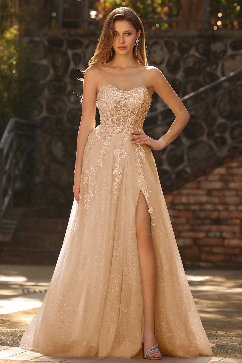 Sparkly Blue Ball Gown Maxi Floral Prom Dress with Slit