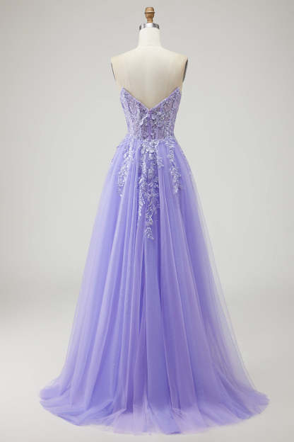 Sparkly Blue Ball Gown Maxi Floral Prom Dress with Slit