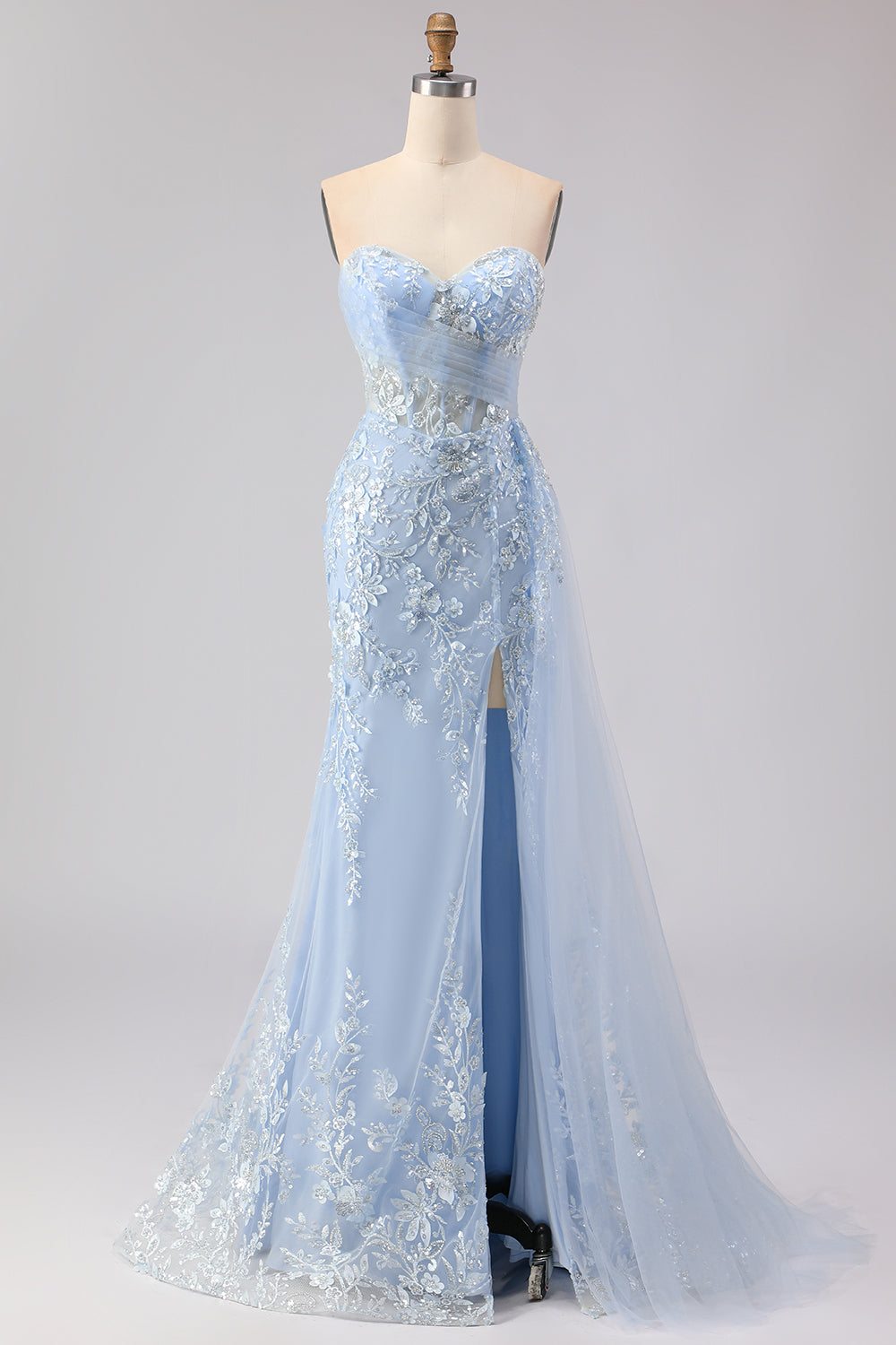 Sparkly Blue Floral Sequin Mermaid Long Corset Prom Dress with Tulle