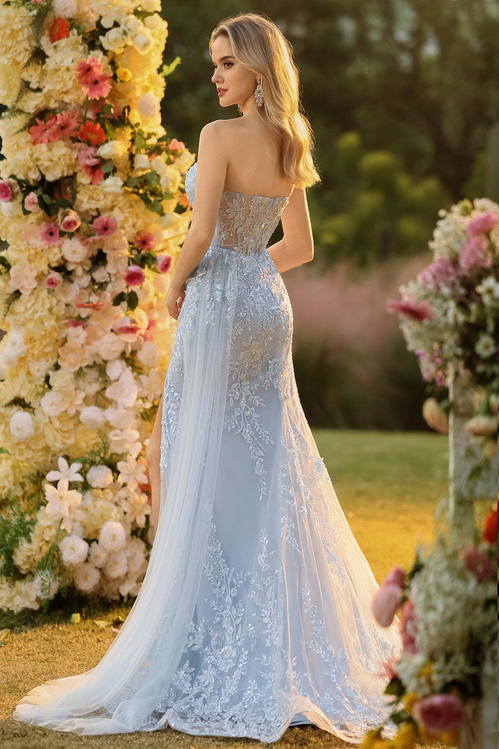 Sparkly Blue Mermaid Sequin Floral Long Corset Prom Dress with Slit