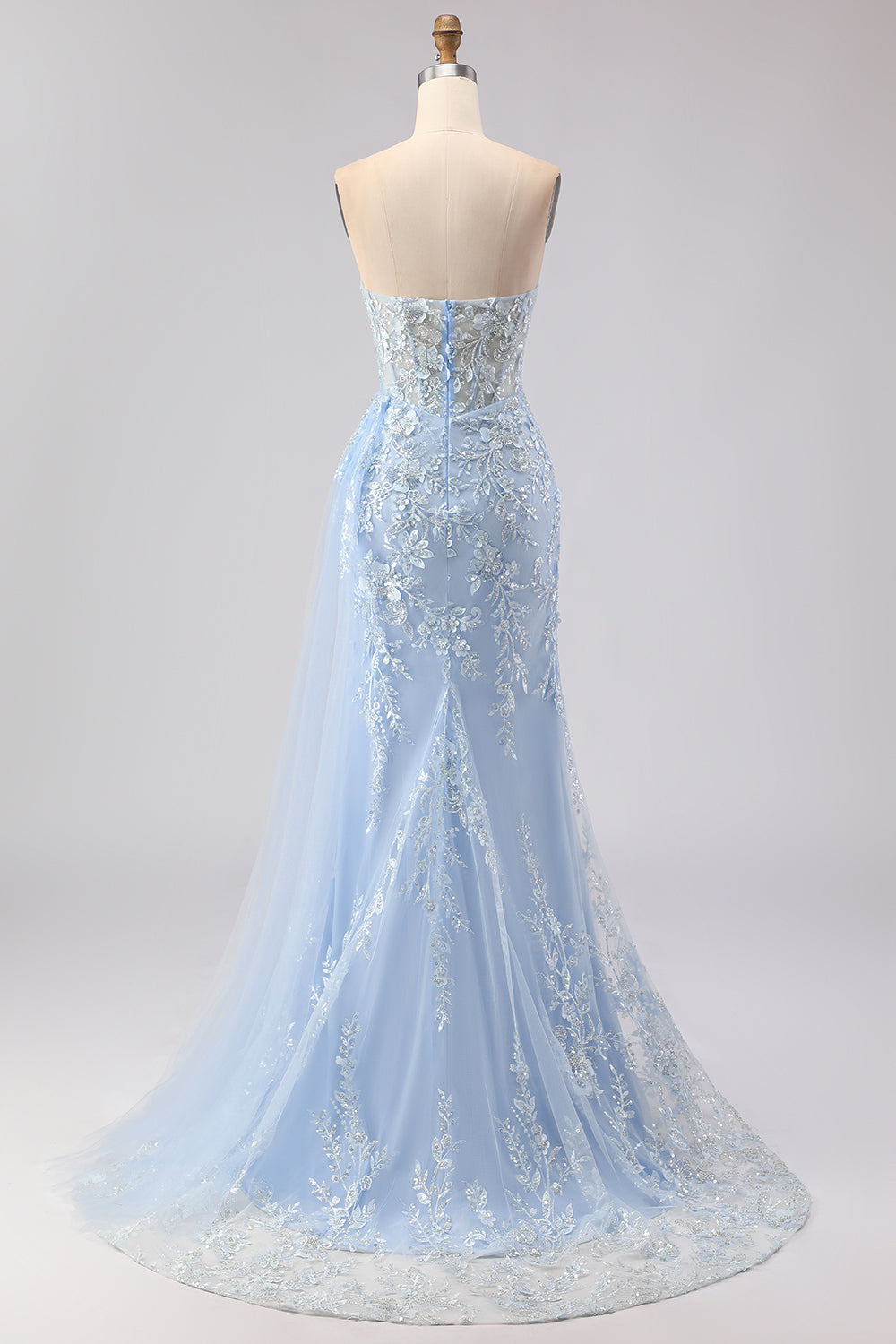 Sparkly Blue Floral Sequin Mermaid Long Corset Prom Dress with Tulle