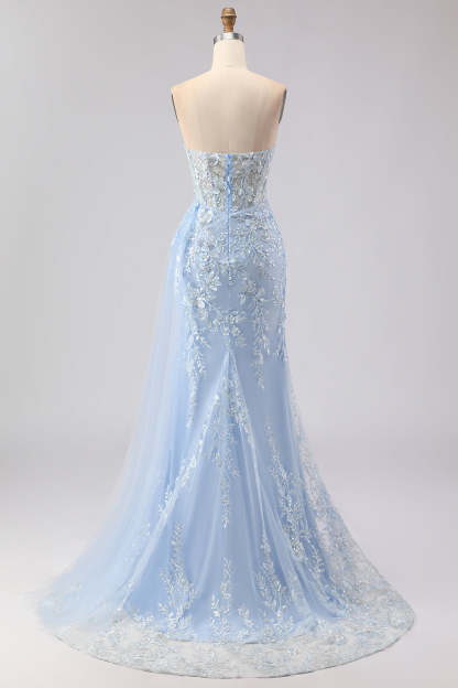 Sparkly Blue Floral Sequin Mermaid Long Corset Prom Dress with Tulle