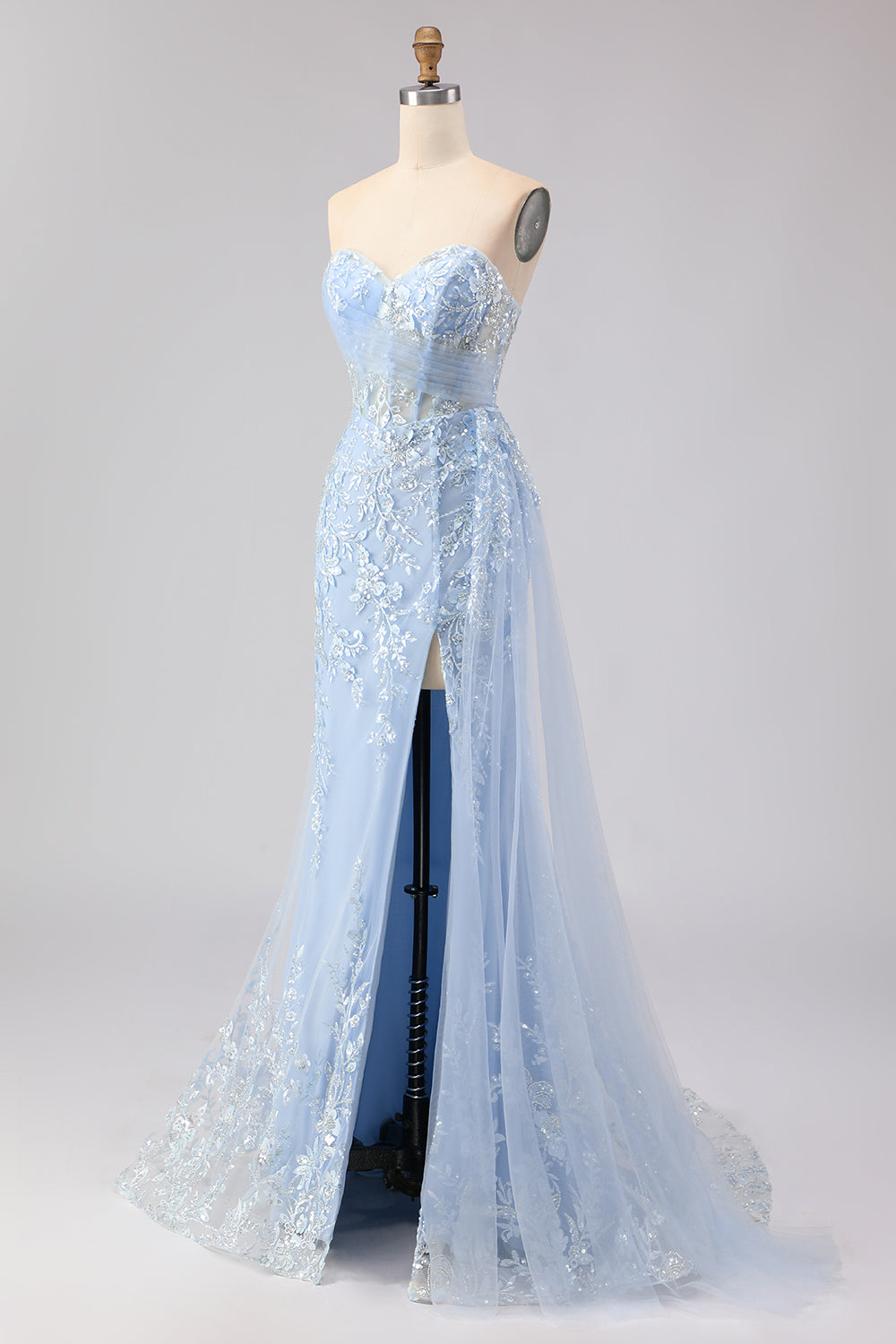Sparkly Blue Floral Sequin Mermaid Long Corset Prom Dress with Tulle