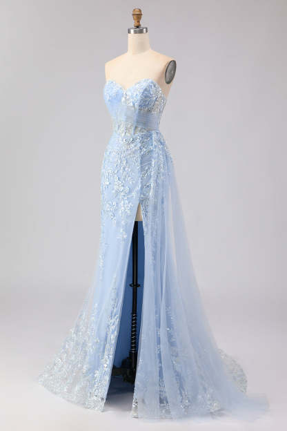 Sparkly Blue Floral Sequin Mermaid Long Corset Prom Dress with Tulle