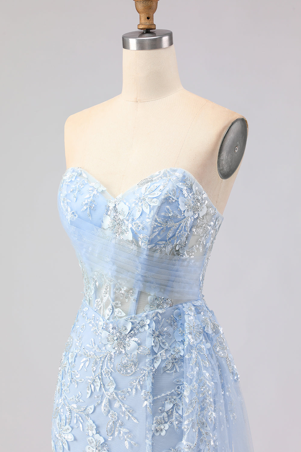 Sparkly Blue Floral Sequin Mermaid Long Corset Prom Dress with Tulle