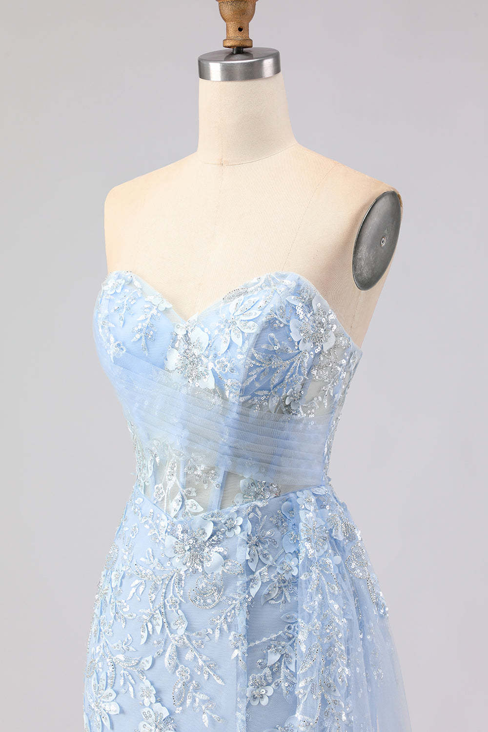 Sparkly Blue Floral Sequin Mermaid Long Corset Prom Dress with Tulle