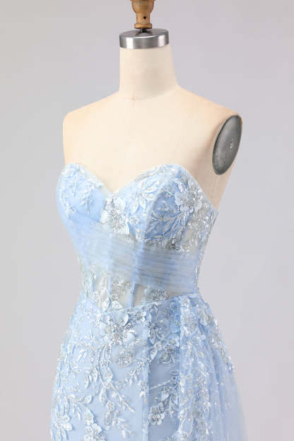 Sparkly Blue Floral Sequin Mermaid Long Corset Prom Dress with Tulle