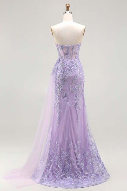 Sparkly Floral Purple Sequin Mermaid Long Corset Prom Dress with Slit