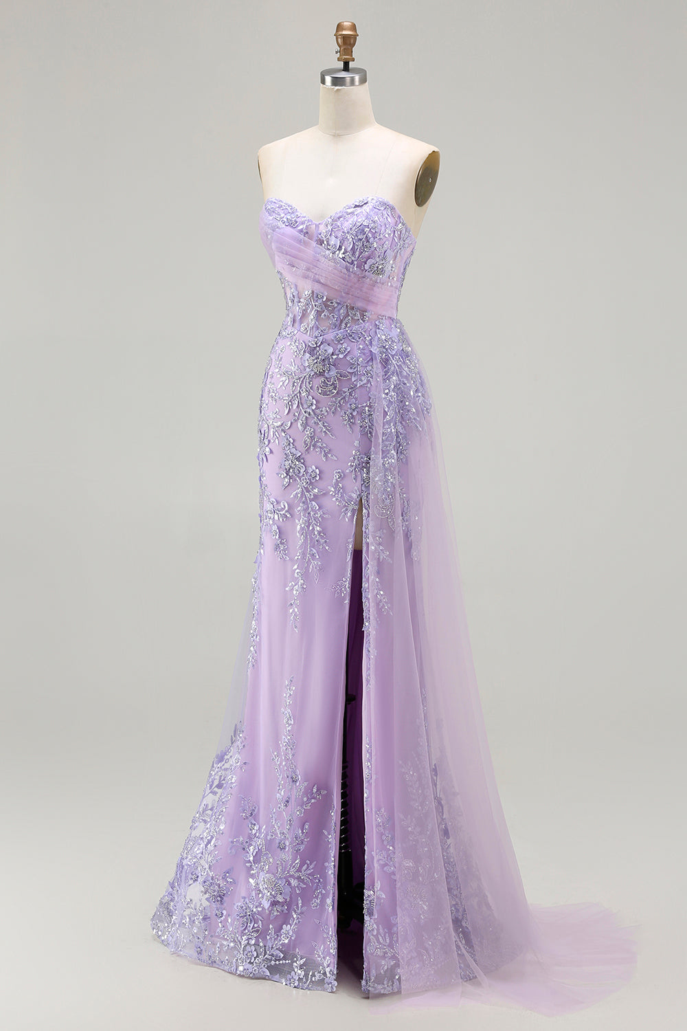 Sparkly Floral Purple Sequin Mermaid Long Corset Prom Dress with Slit
