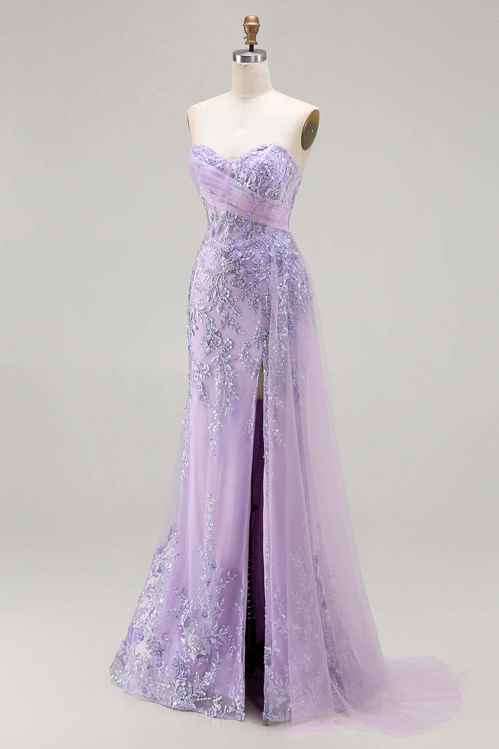 Sparkly Floral Purple Sequin Mermaid Long Corset Prom Dress with Slit