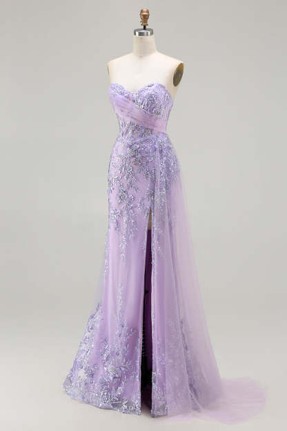 Sparkly Floral Purple Sequin Mermaid Long Corset Prom Dress with Slit