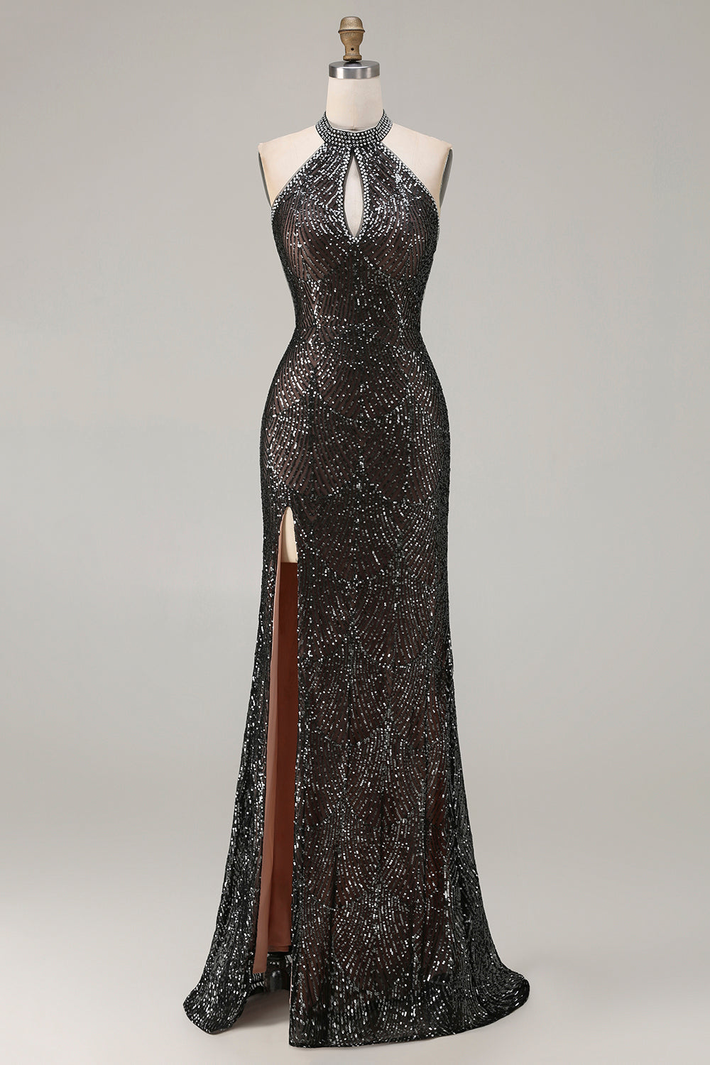 Leely Women Sparkly Black Beaded Maxi Prom Dress with Slit Beaded Sequins Halter Neck Mermaid Backless Gala Dress with Keyhole