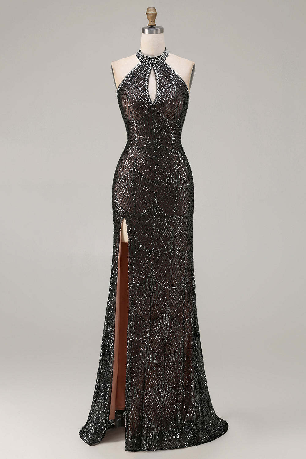 Leely Women Sparkly Black Beaded Maxi Prom Dress with Slit Beaded Sequins Halter Neck Mermaid Backless Gala Dress with Keyhole