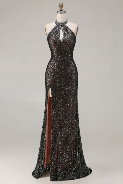 Leely Women Sparkly Black Beaded Maxi Prom Dress with Slit Beaded Sequins Halter Neck Mermaid Backless Gala Dress with Keyhole