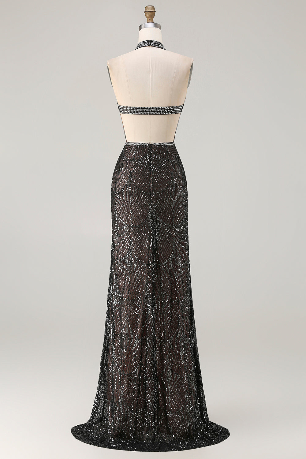 Sparkly Black Halter Neck Sequins Mermaid Long Prom Dress with Slit