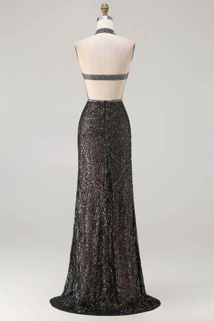 Sparkly Black Halter Neck Sequins Mermaid Long Prom Dress with Slit