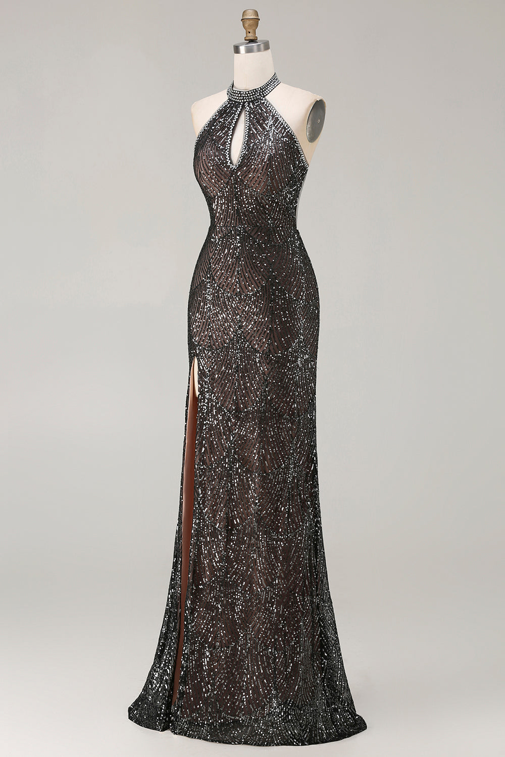 Sparkly Black Halter Neck Sequins Mermaid Long Prom Dress with Slit