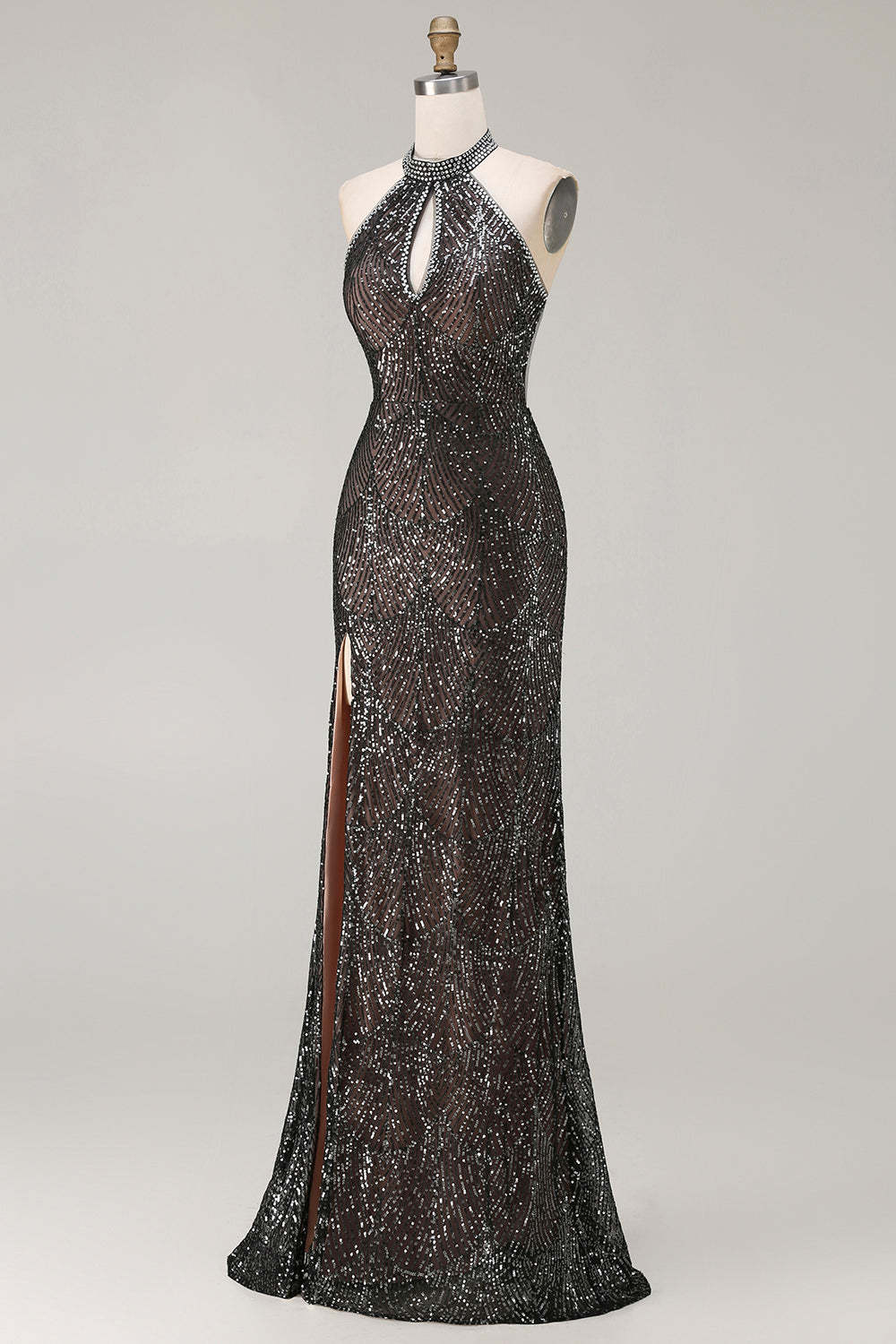 Sparkly Black Halter Neck Sequins Mermaid Long Prom Dress with Slit