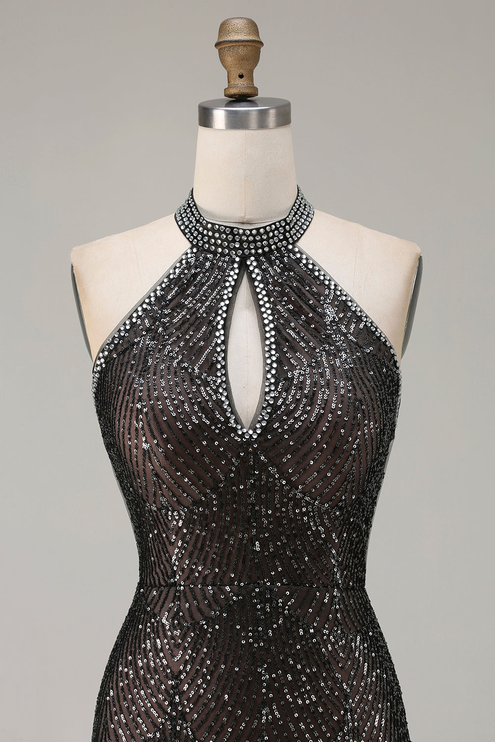 Sparkly Black Halter Neck Sequins Mermaid Long Prom Dress with Slit