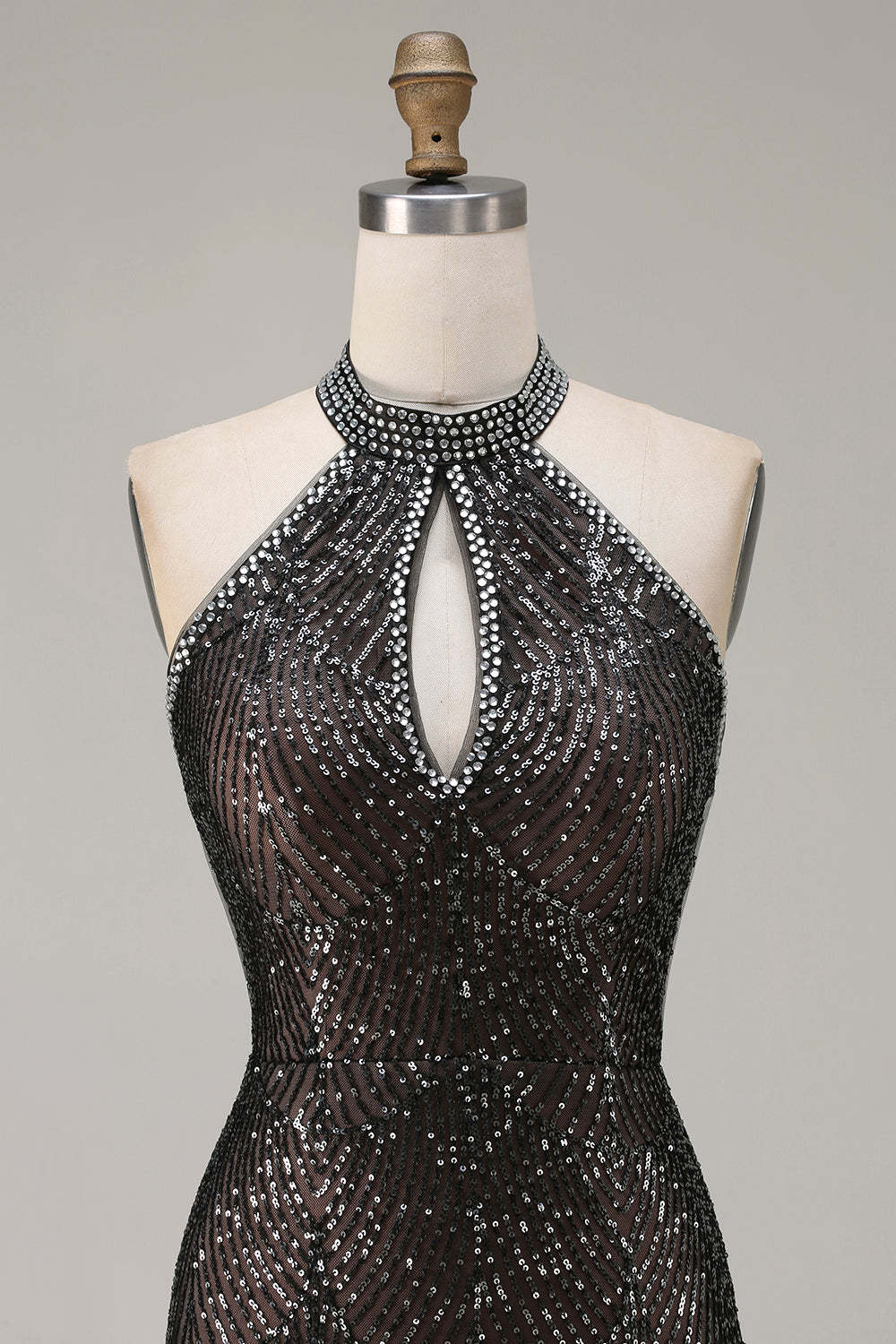 Sparkly Black Halter Neck Sequins Mermaid Long Prom Dress with Slit