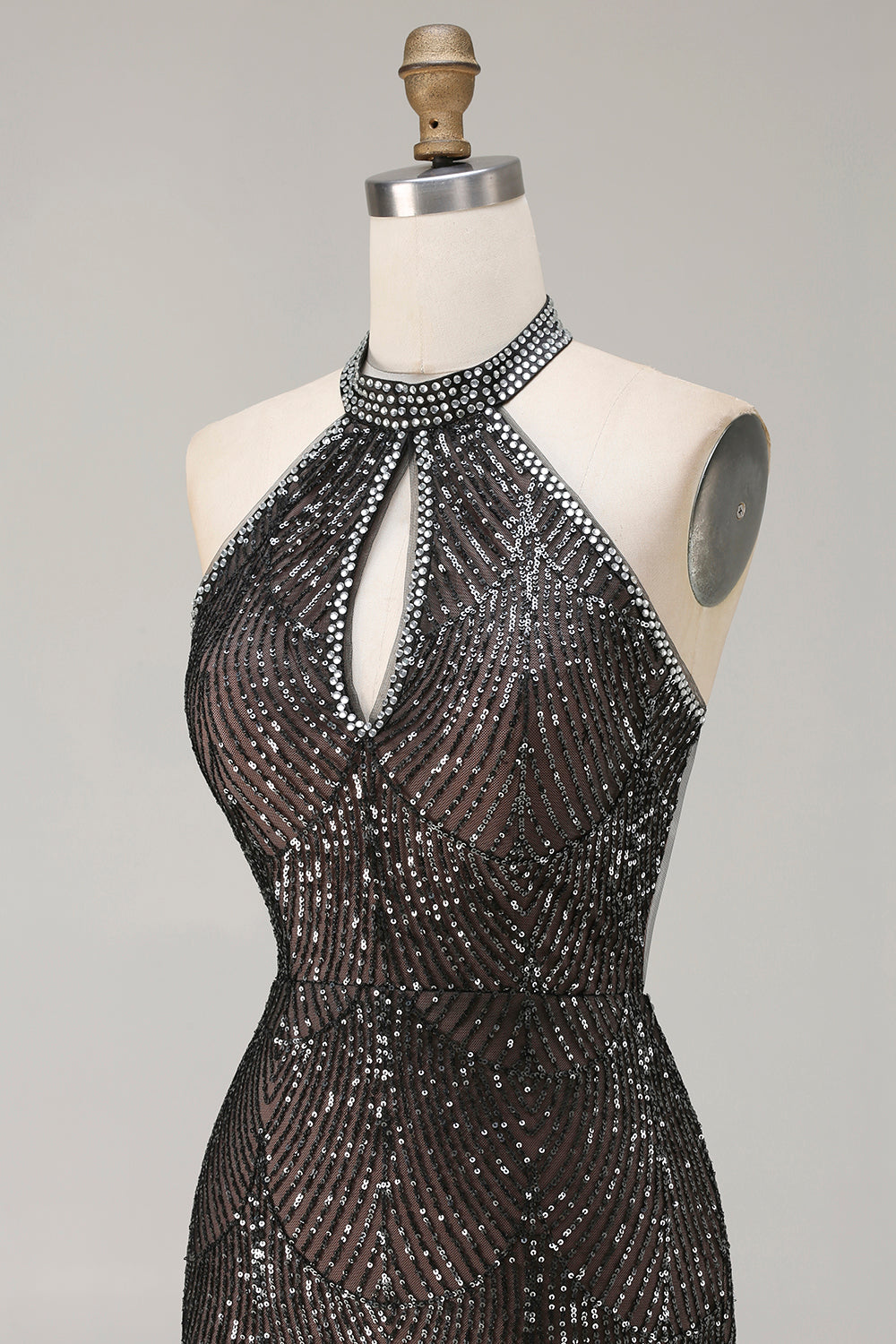 Sparkly Black Halter Neck Sequins Mermaid Long Prom Dress with Slit
