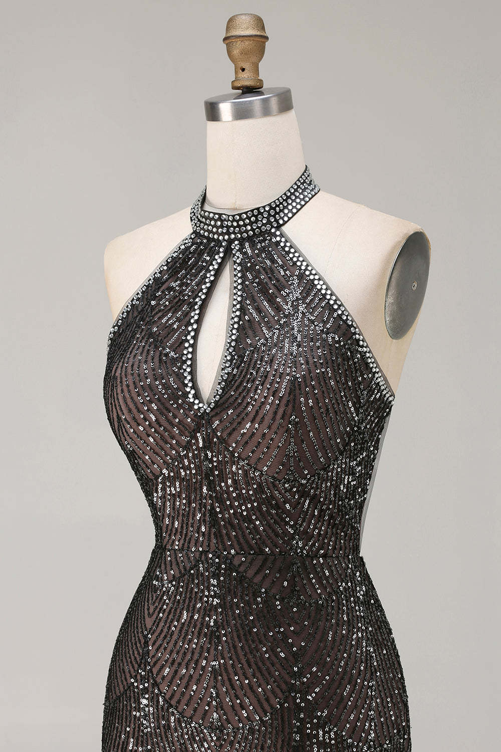 Sparkly Black Halter Neck Sequins Mermaid Long Prom Dress with Slit