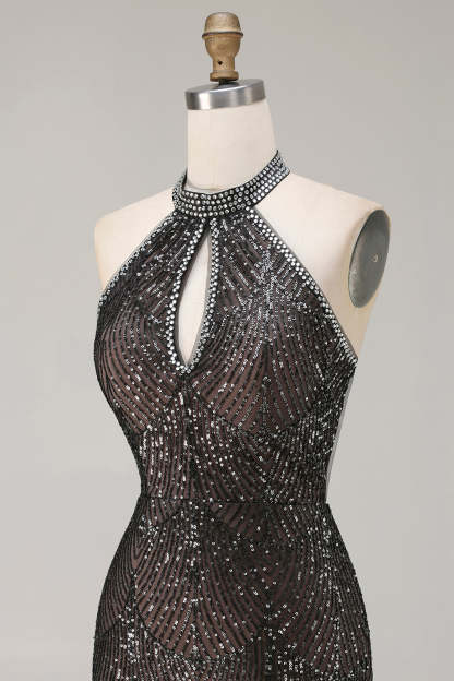 Sparkly Black Halter Neck Sequins Mermaid Long Prom Dress with Slit