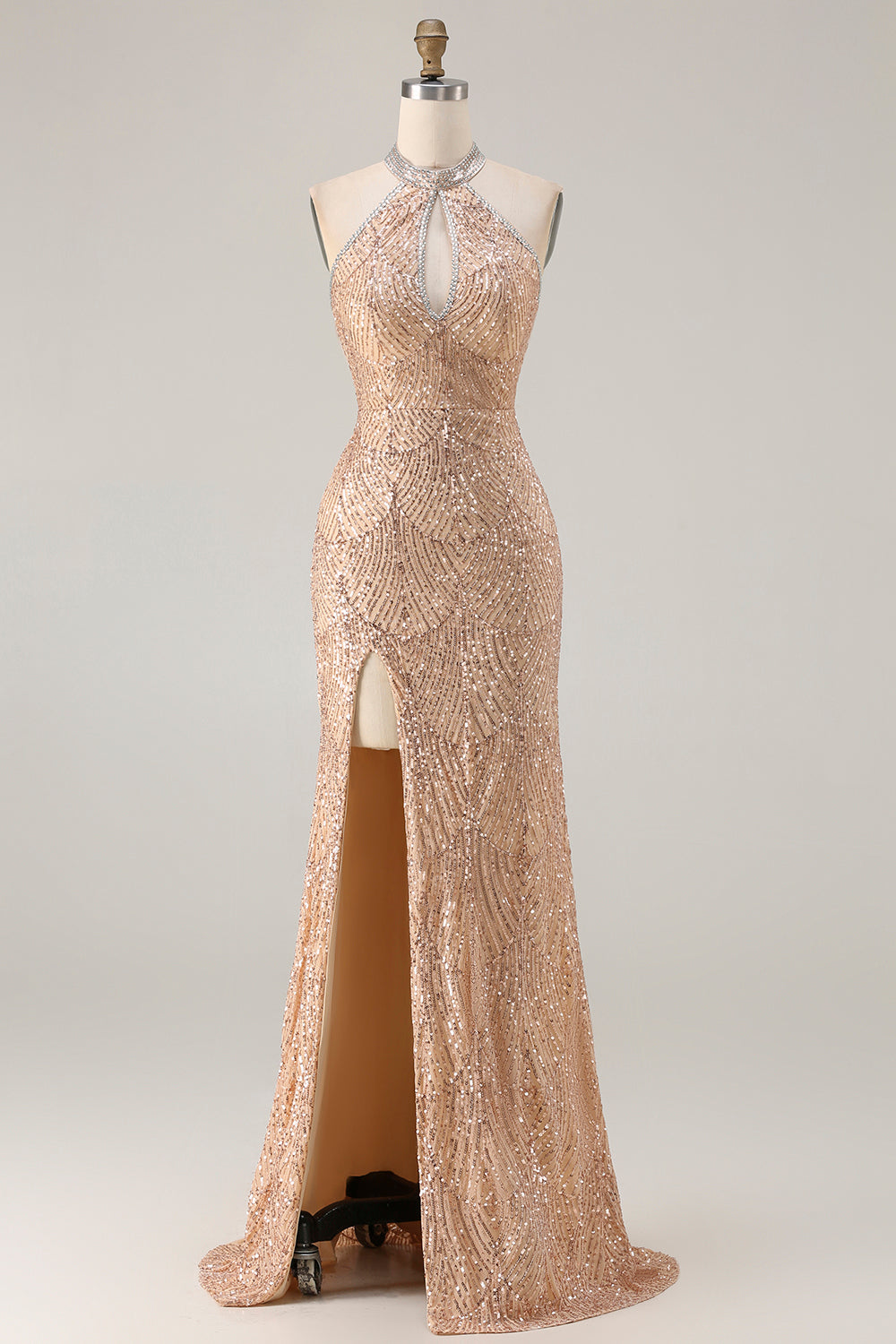 Sparkly Champagne Halter Neck Beaded Mermaid Long Prom Dress with Slit