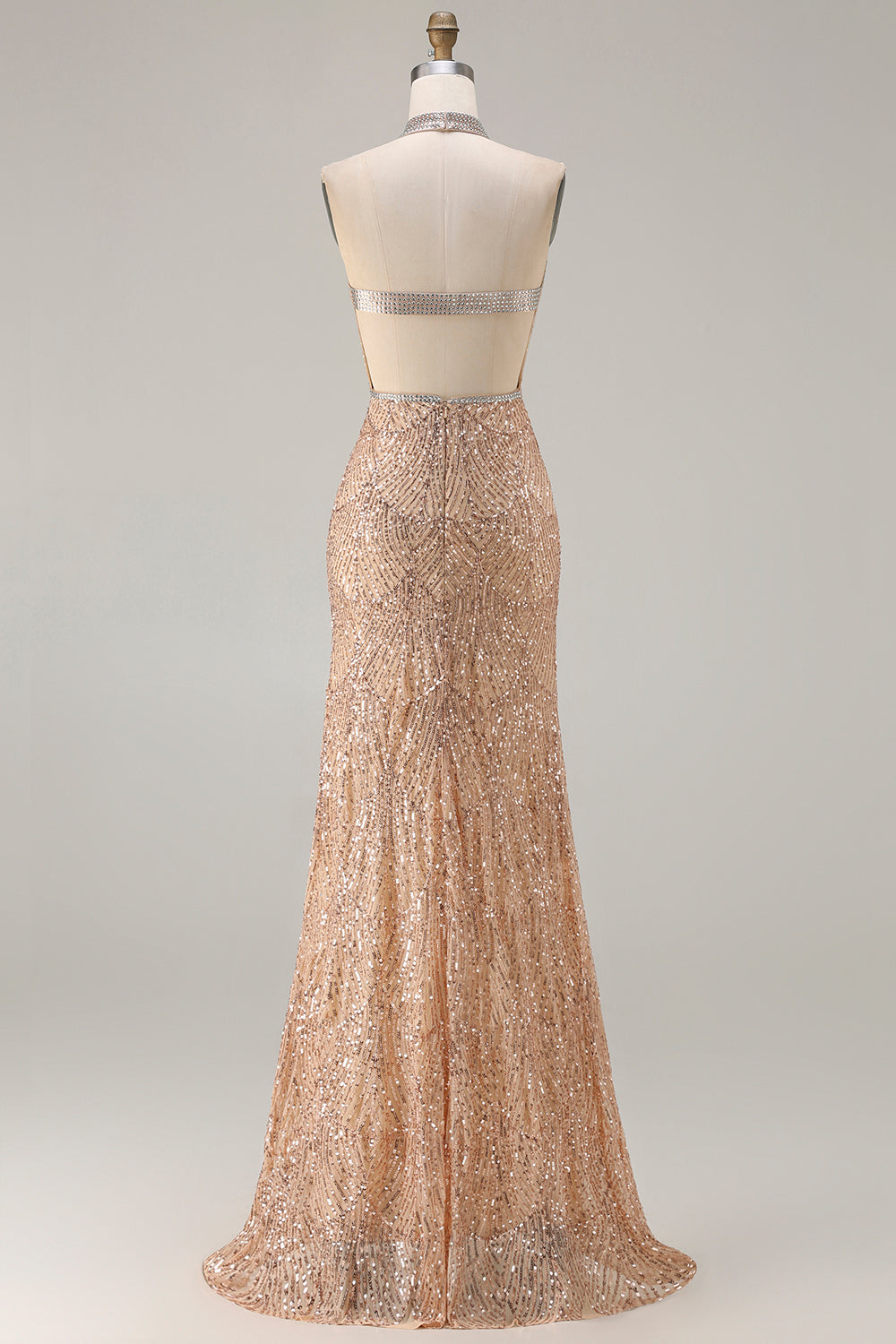 Sparkly Champagne Halter Neck Beaded Mermaid Long Prom Dress with Slit