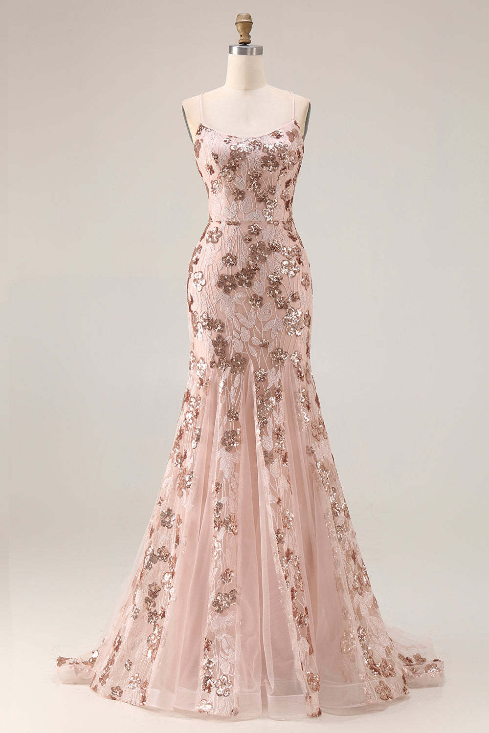 Leely Women Sparkly Floral Rose Golden Sequins Mermaid Long Prom Dress Beaded Lace Spaghetti Straps Lace Up Back Pageant Dress