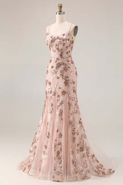 Sparkly Floral Rose Golden Sequins Mermaid Long Prom Dress with Beading
