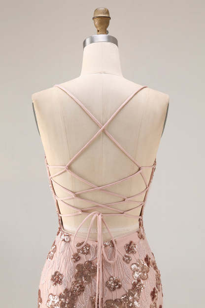 Sparkly Floral Rose Golden Sequins Mermaid Long Prom Dress with Beading