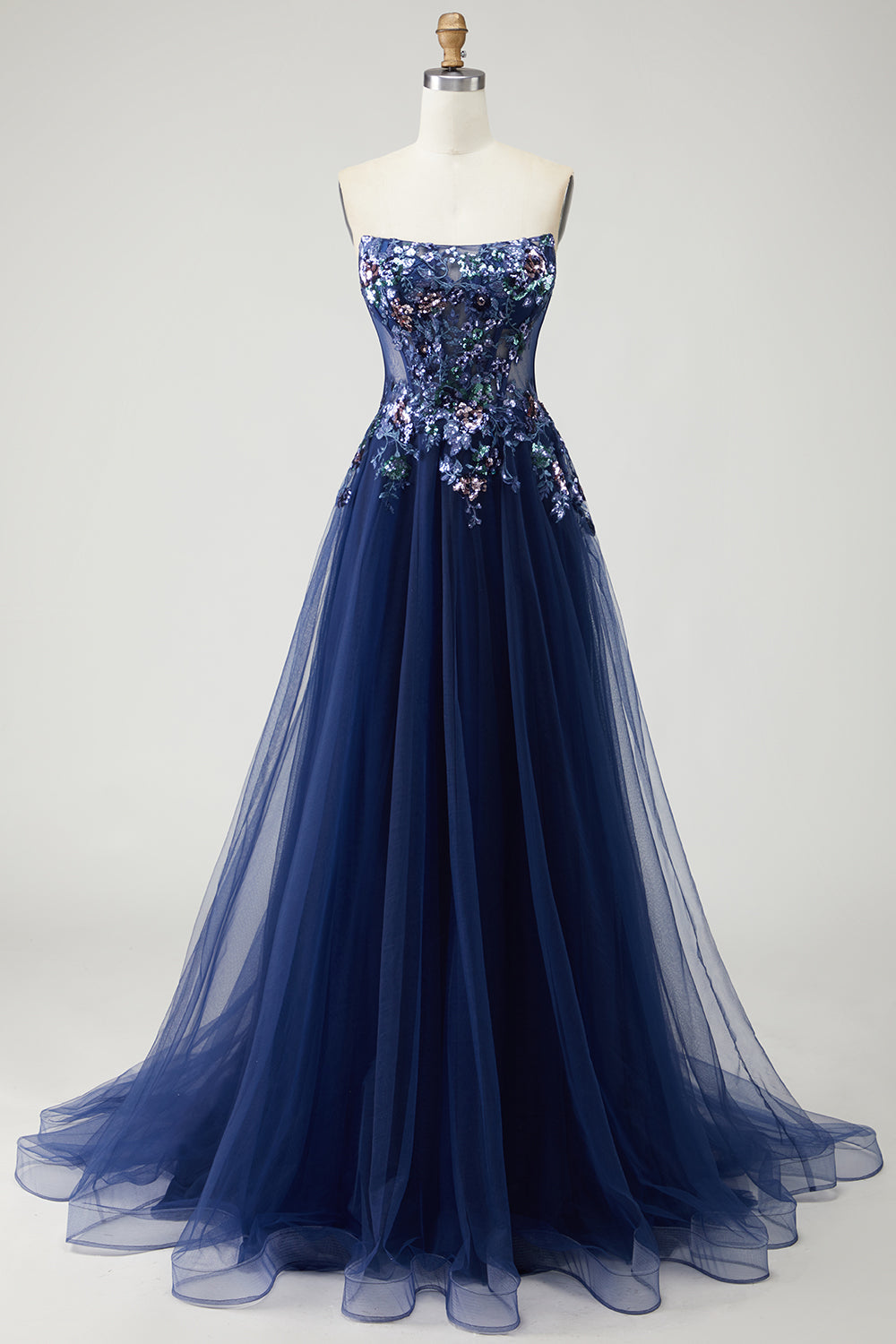Sparkly Navy Floral A-Line Long Tulle Prom Dress with Embroidery