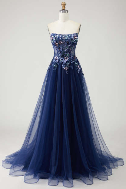 Sparkly Navy Floral Princess Maxi Tulle Prom Dress with Embroidery