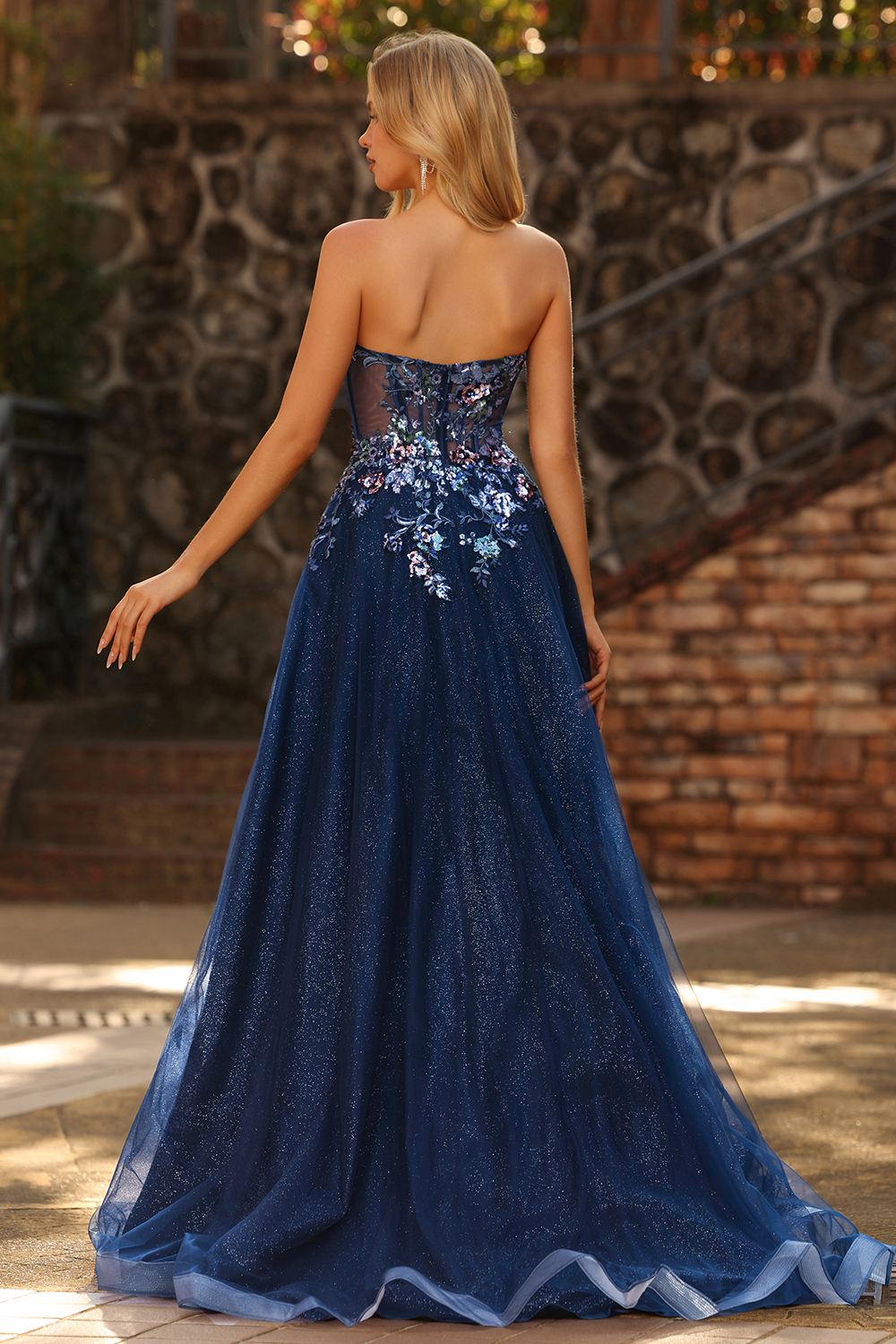 Sparkly Navy Floral A-Line Long Tulle Prom Dress with Embroidery