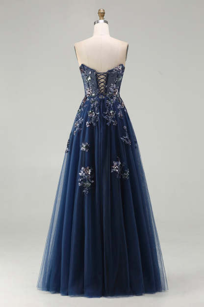 Sparkly Navy A-Line Tulle Long Corset Prom Dress with Sequins