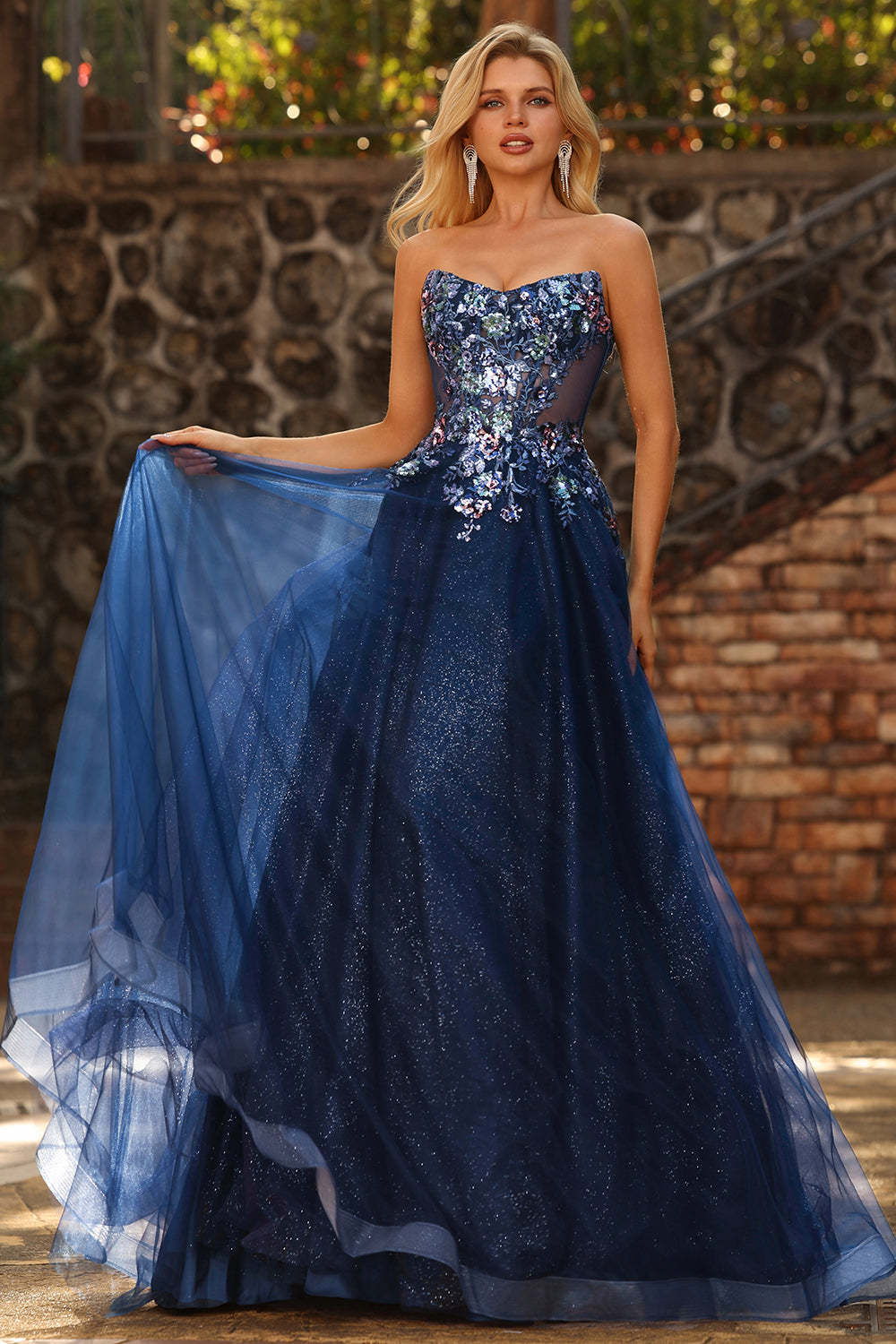 Sparkly Navy Floral Princess Maxi Tulle Prom Dress with Embroidery