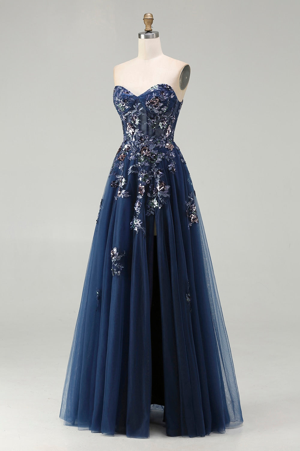 Sparkly Navy A-Line Tulle Long Corset Prom Dress with Sequins