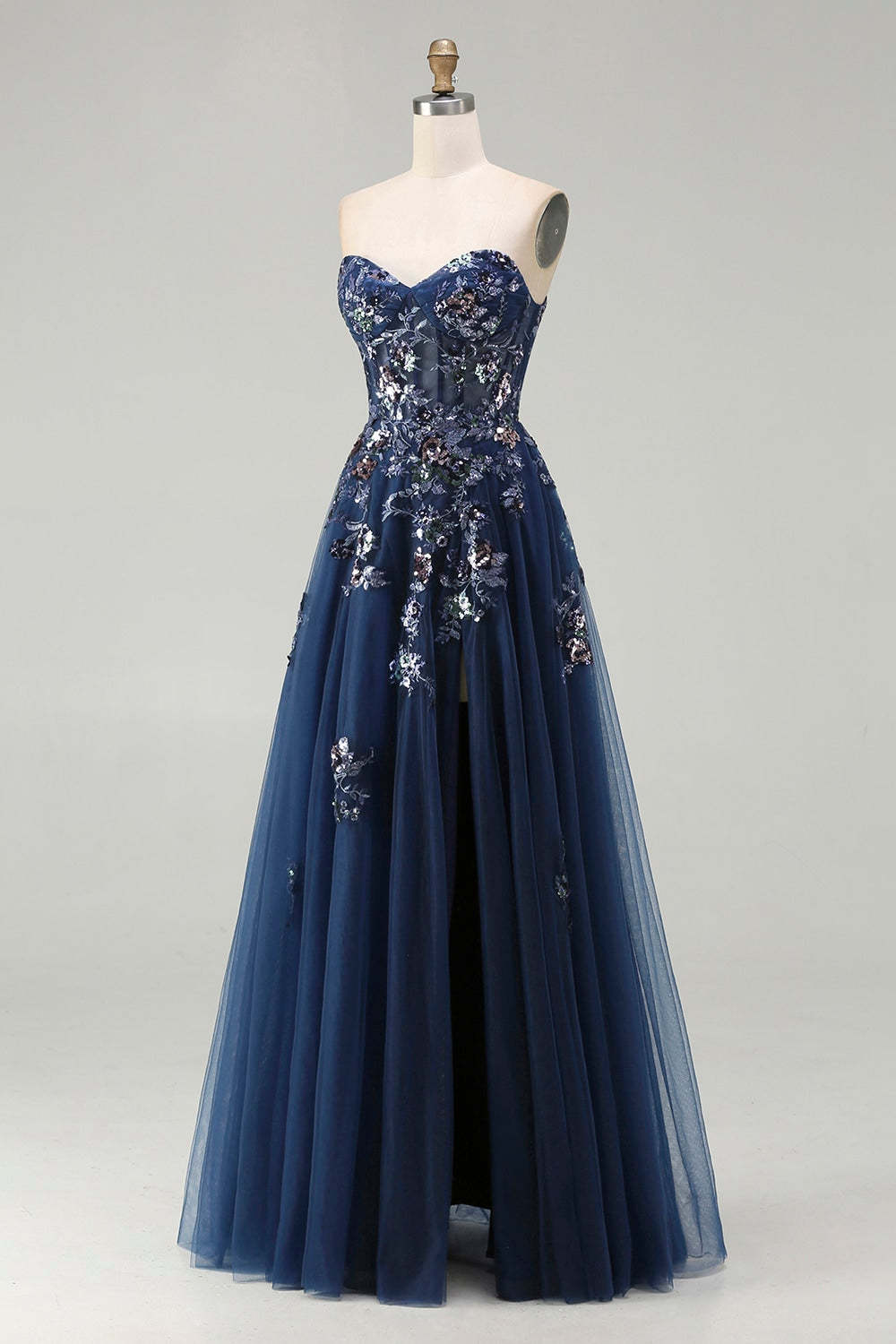 Sparkly Navy A-Line Tulle Long Corset Prom Dress with Sequins