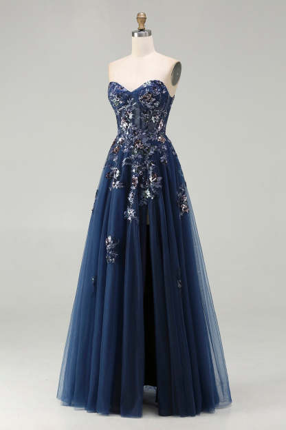 Sparkly Navy A-Line Tulle Long Corset Prom Dress with Sequins