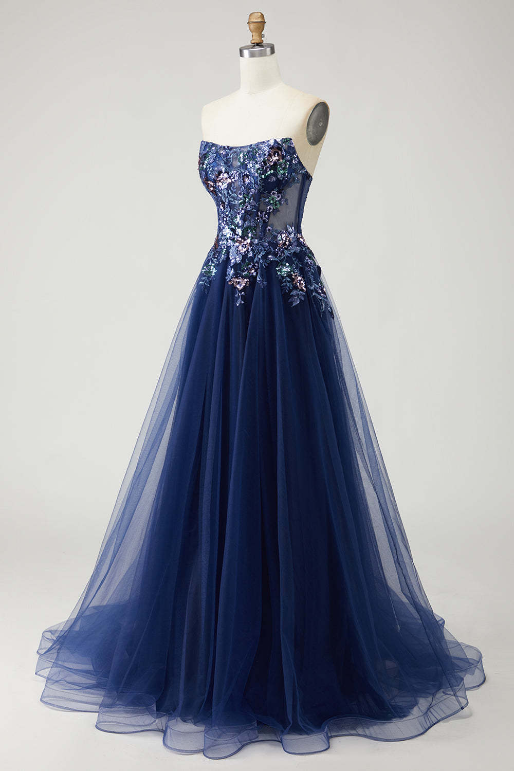 Sparkly Navy Floral A-Line Long Tulle Prom Dress with Embroidery