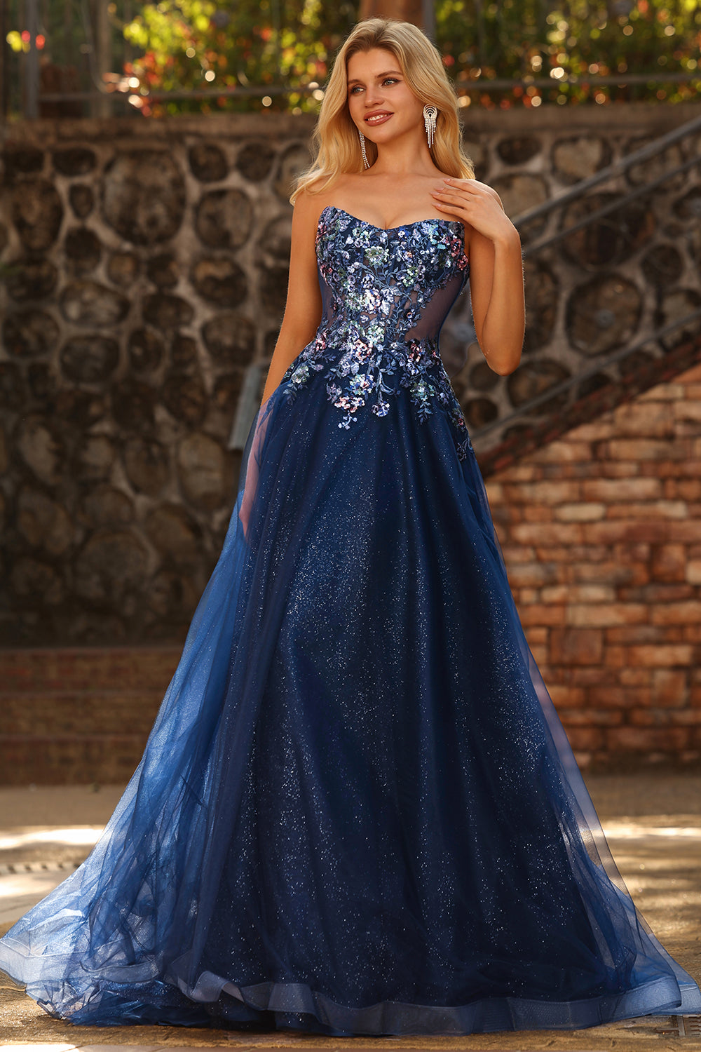 Sparkly Navy Floral Princess Maxi Tulle Prom Dress with Embroidery