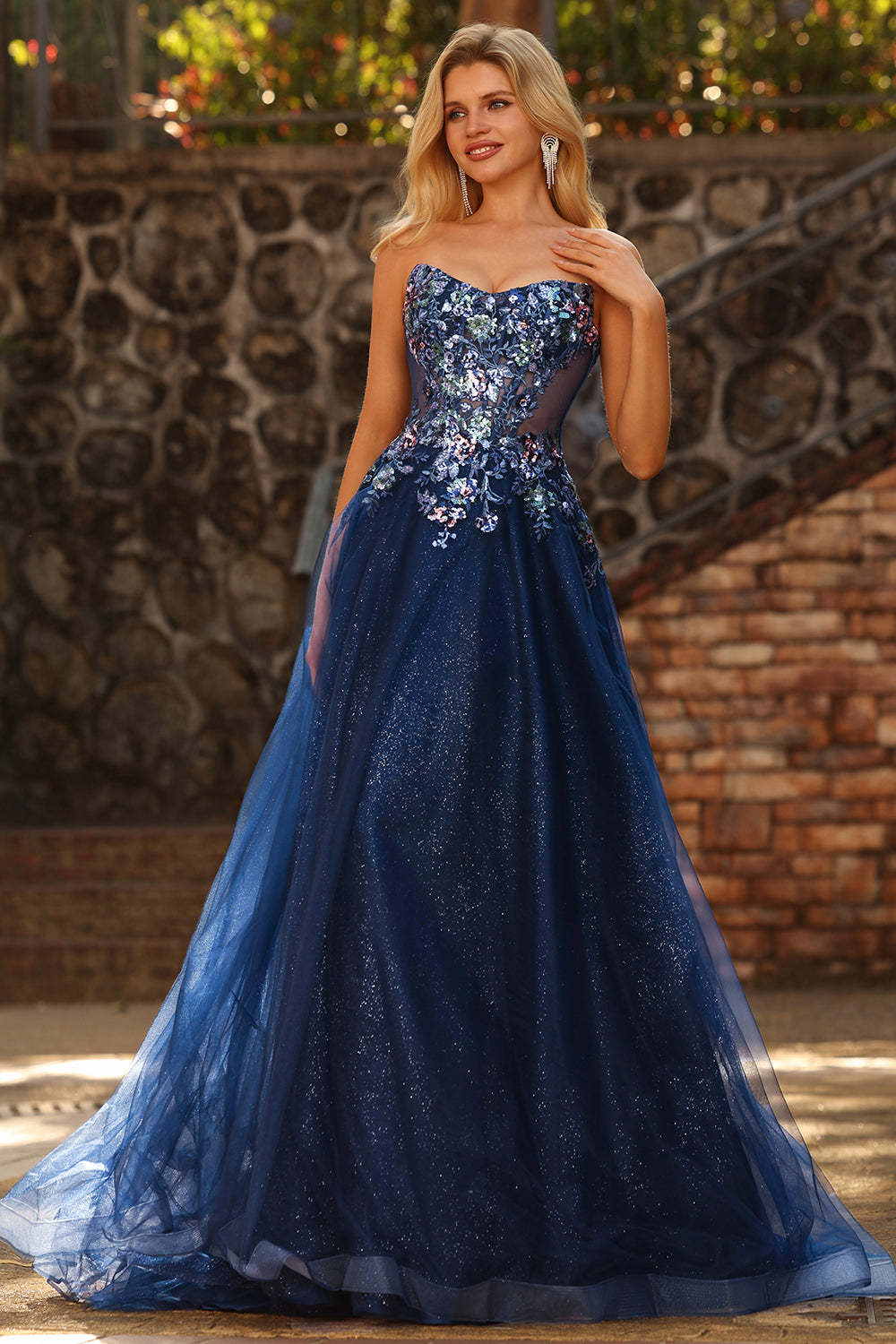 Sparkly Navy Floral Princess Maxi Tulle Prom Dress with Embroidery
