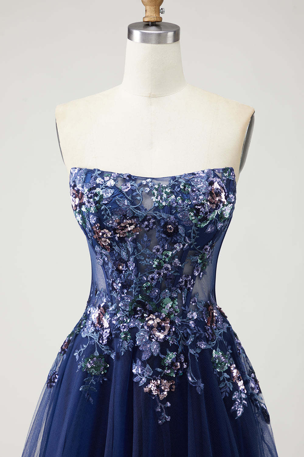 Sparkly Navy Floral A-Line Long Tulle Prom Dress with Embroidery