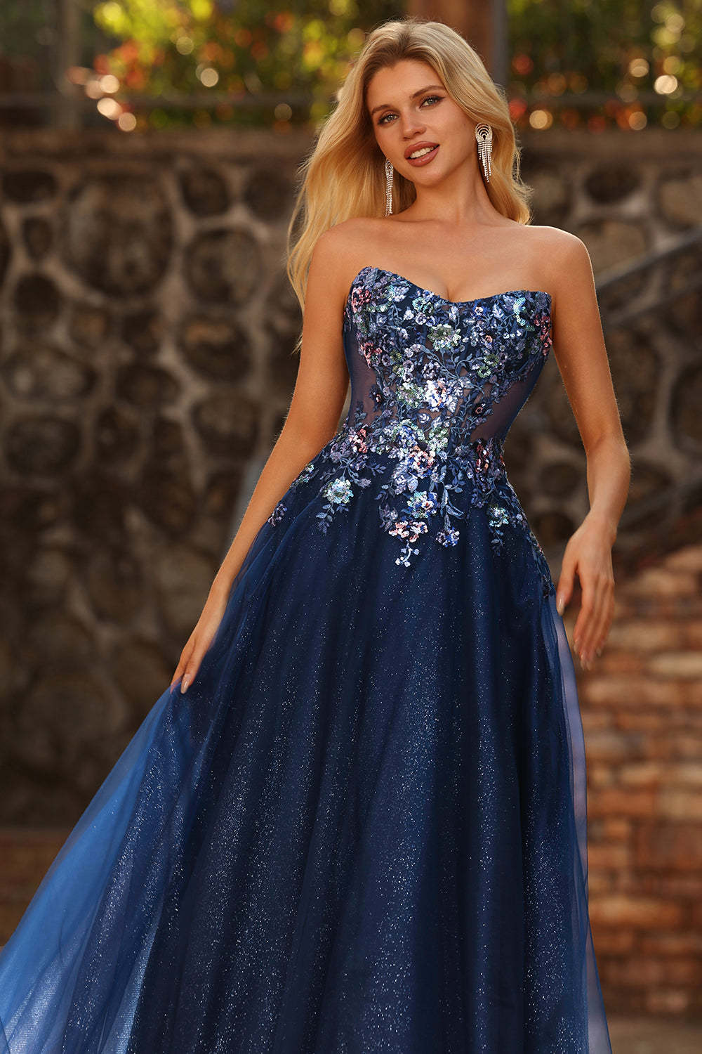 Sparkly Navy Floral Princess Maxi Tulle Prom Dress with Embroidery