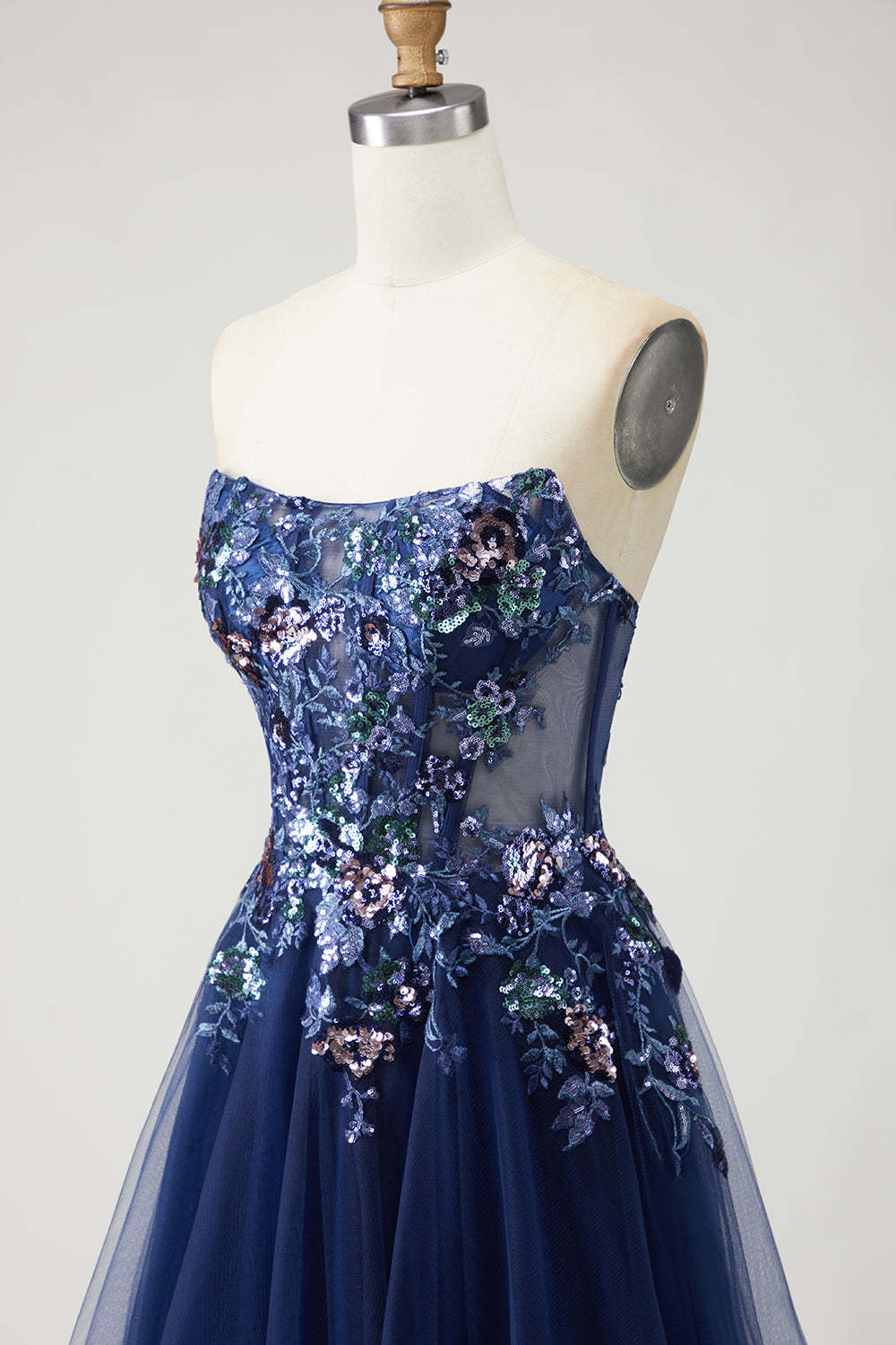 Sparkly Navy Floral A-Line Long Tulle Prom Dress with Embroidery