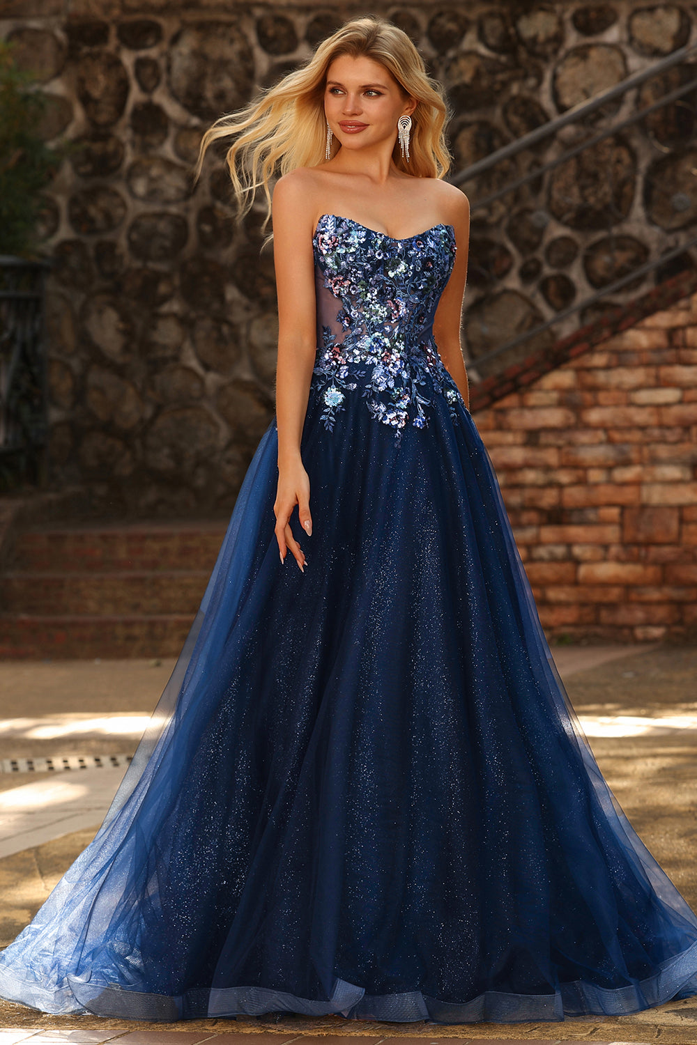 Sparkly Navy Floral Princess Maxi Tulle Prom Dress with Embroidery